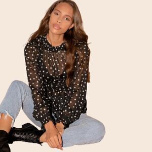 Zara Black & White Floral Embroidered Sheer High Neck Long Sleeve Top Size XS